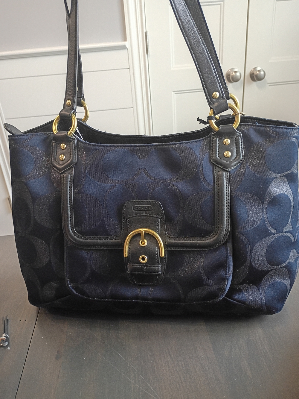 Coach Campbell Signature Navy Blue And Black Tote with Gold Hardware